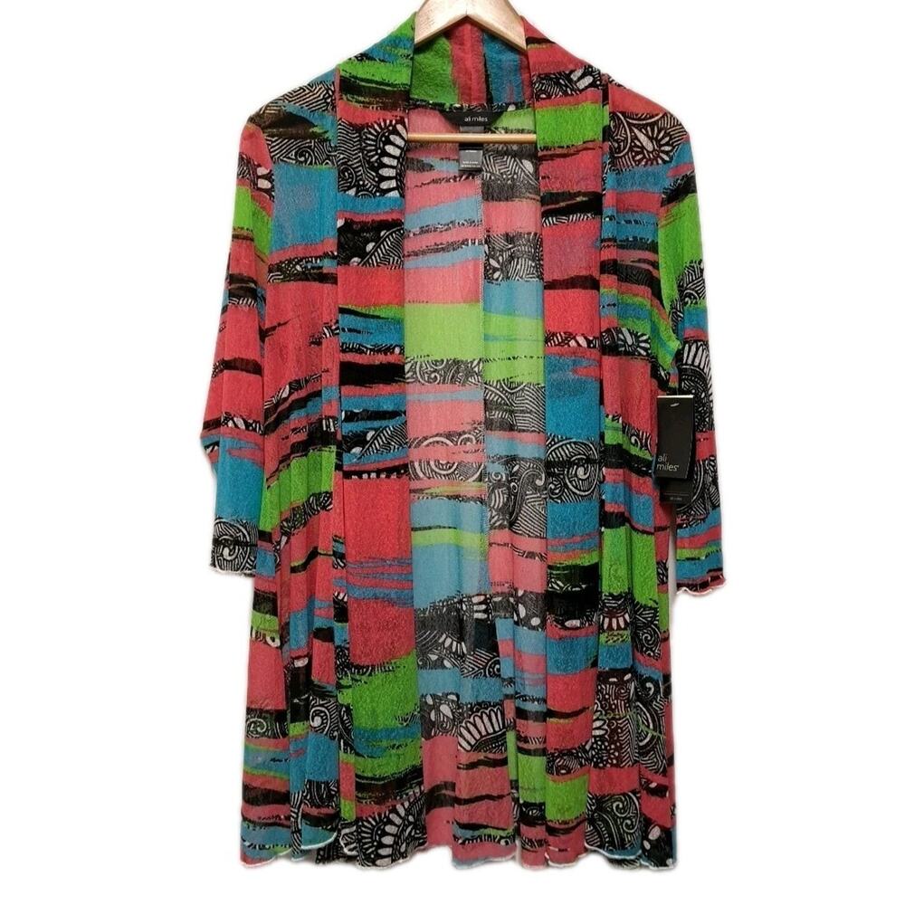 NWT Ali Miles Sheer Mesh Open Cardigan Top Womens L 3/4 Sleeve Colorful Artsy